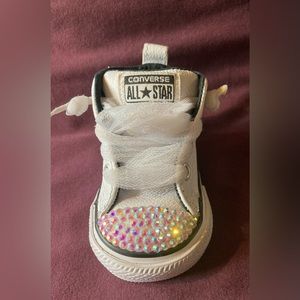 Size 2c Leather Converse High Top white with iridescent gem detail and lace